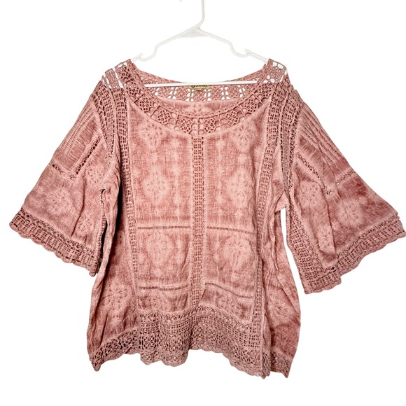 Democracy Tops - Democracy Dusty Pink Crochet Lace Bell Sleeve Blouse XL Boho Romantic